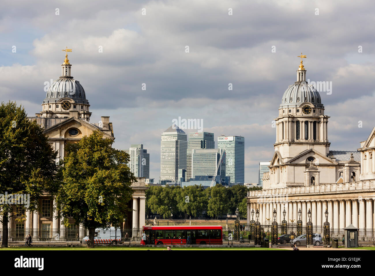 View of the landmark buildings of Canary Wharf and the Royal Naval College in London Stock Photo