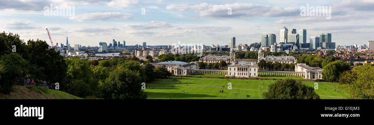 Panoramic skyline of London with landmark buildings as The Shard, St Paul's Cathedral, City of London and Canary Wharf Stock Photo