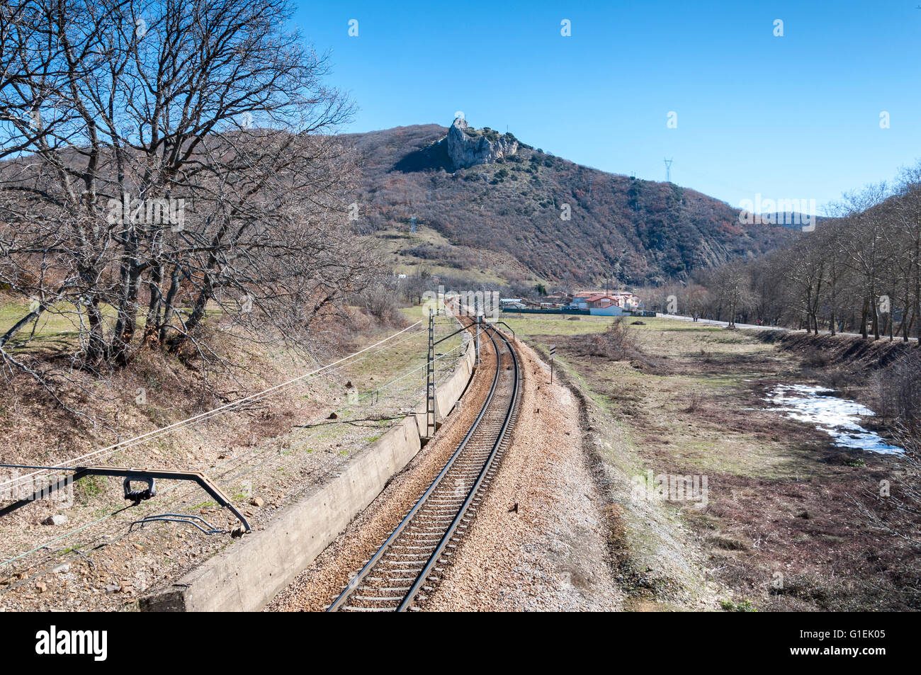 Iberian gauge railway track between Leon and Gijon Stock Photo