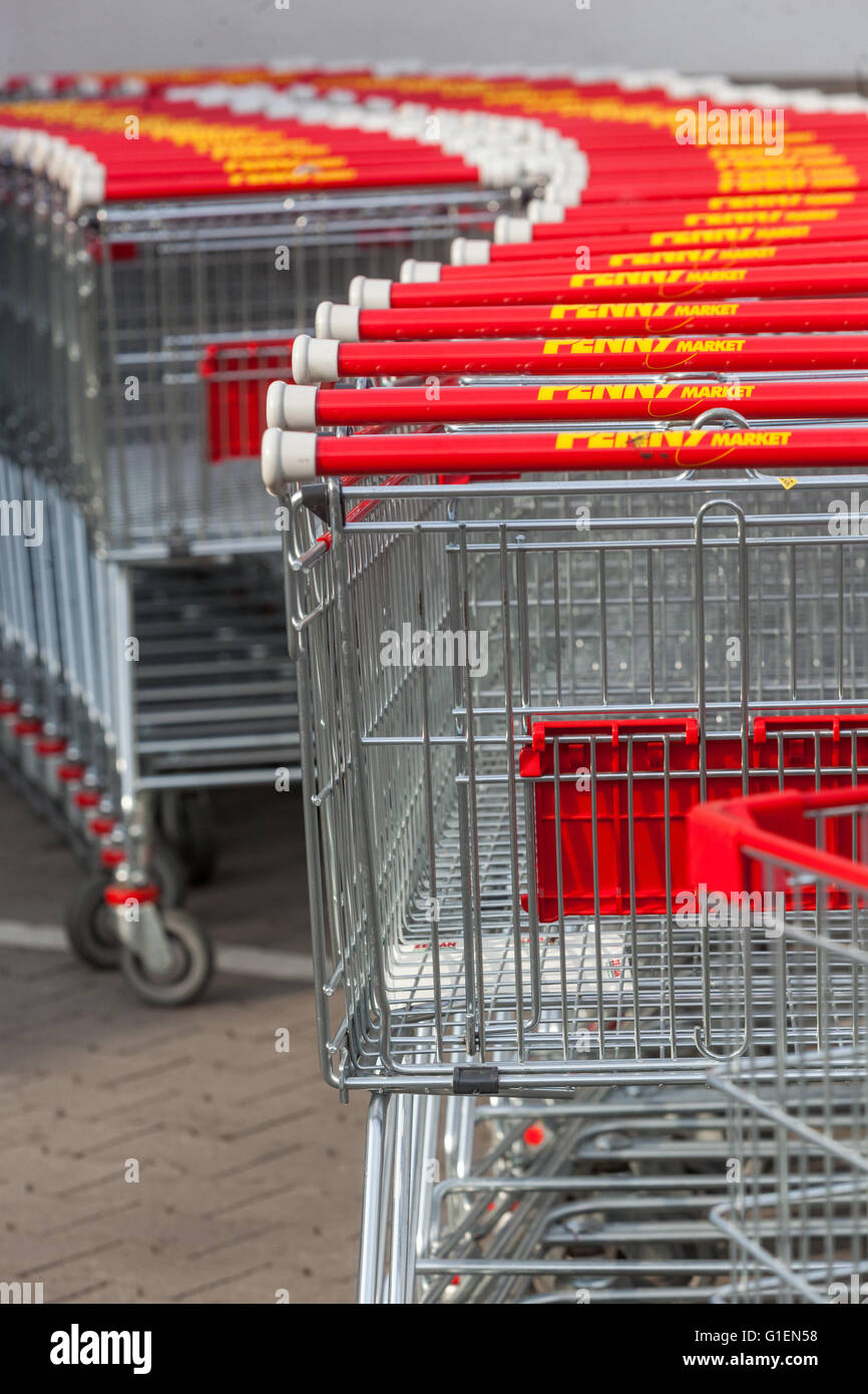 Shopping carts, trolleys, supermarket Penny Market, Czech Republic Stock Photo