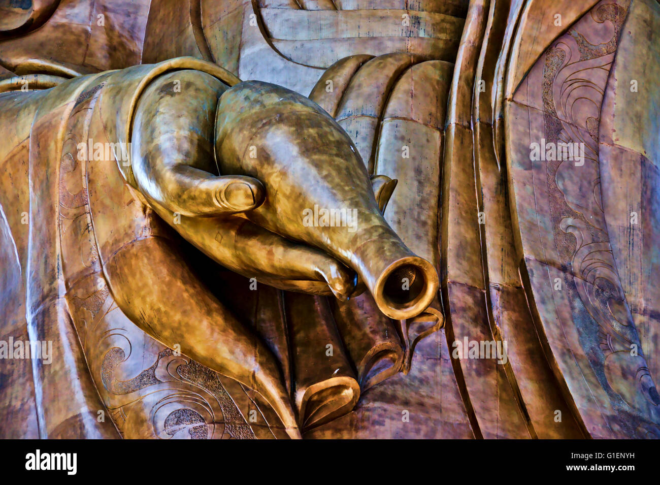 A close-up view of the hand of a statue of Guanyin, goddess of mercy. Chinese New Year celebrations at Kek Lok Si Temple in Pena Stock Photo