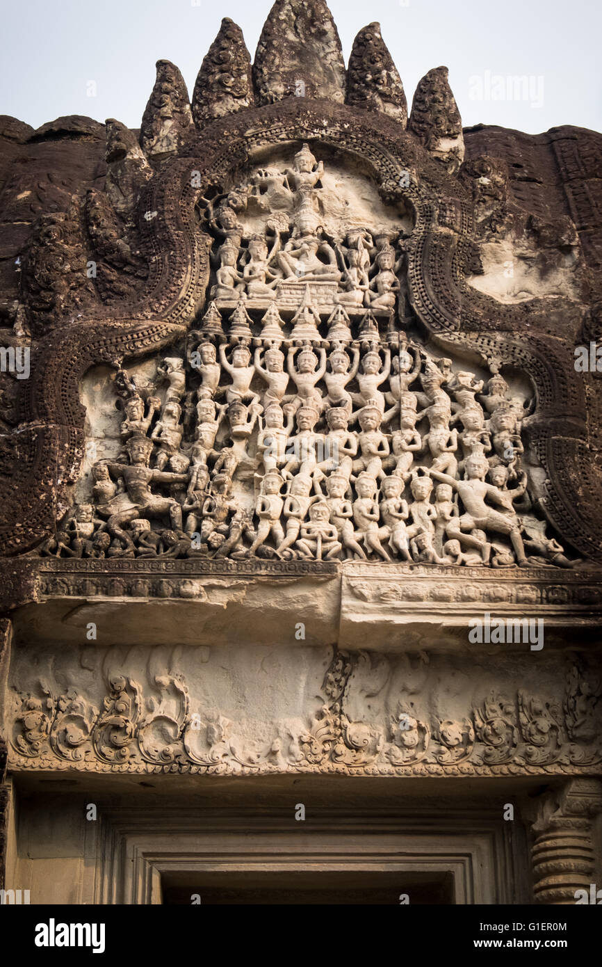 Detailed stone carvings in Angkor Wat, Cambodia Stock Photo