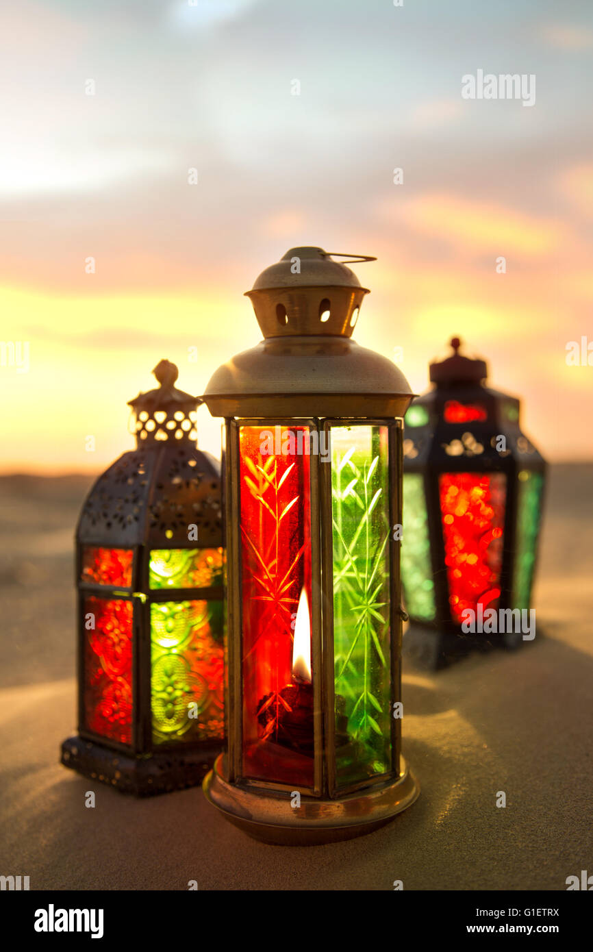 Ramadan Lantern on desert during a sunset in Dubai United Arab Emirates