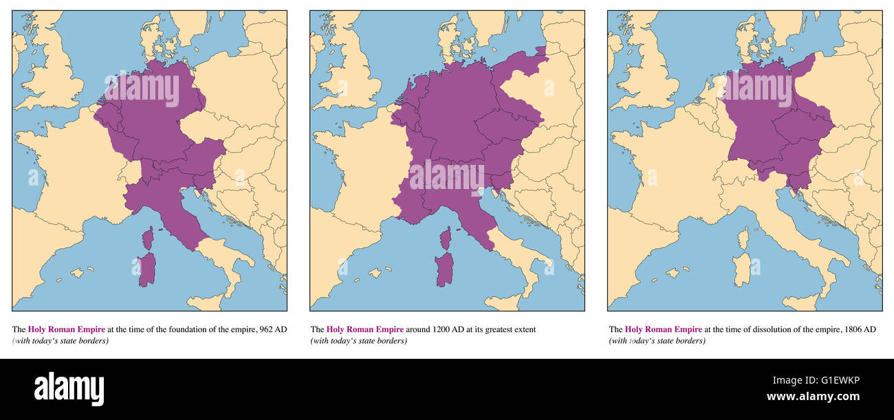 Holy Roman Empire - rise and fall of the medieval europe empire from 962 AD to 1806 AD - with todays state borders. Stock Photo