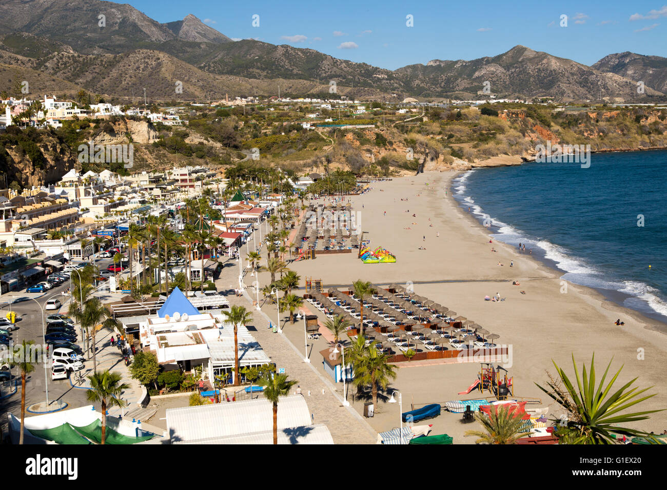 Playa Burriana sandy beach at popular holiday resort town of Nerja, Malaga province, Spain Stock Photo