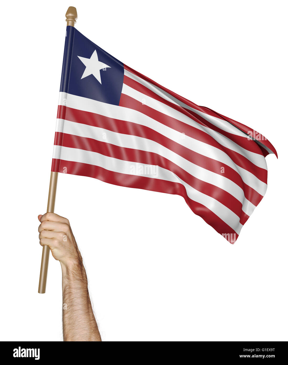 Hand proudly waving the national flag of Liberia, 3D rendering Stock ...