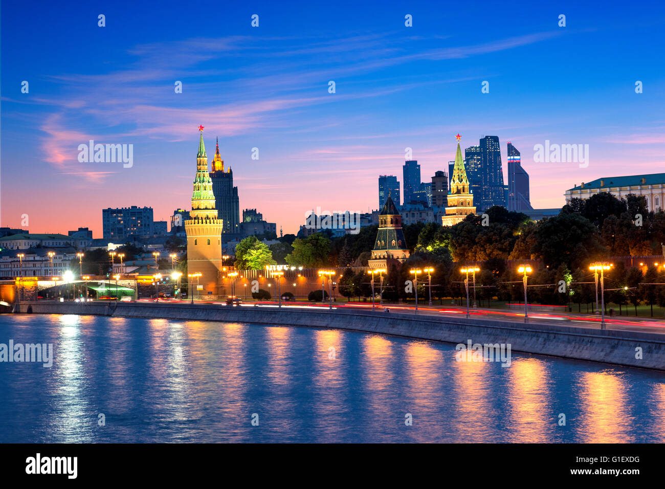 View of Kremlin churches and towers from Moscow River Bridge Stock Photo