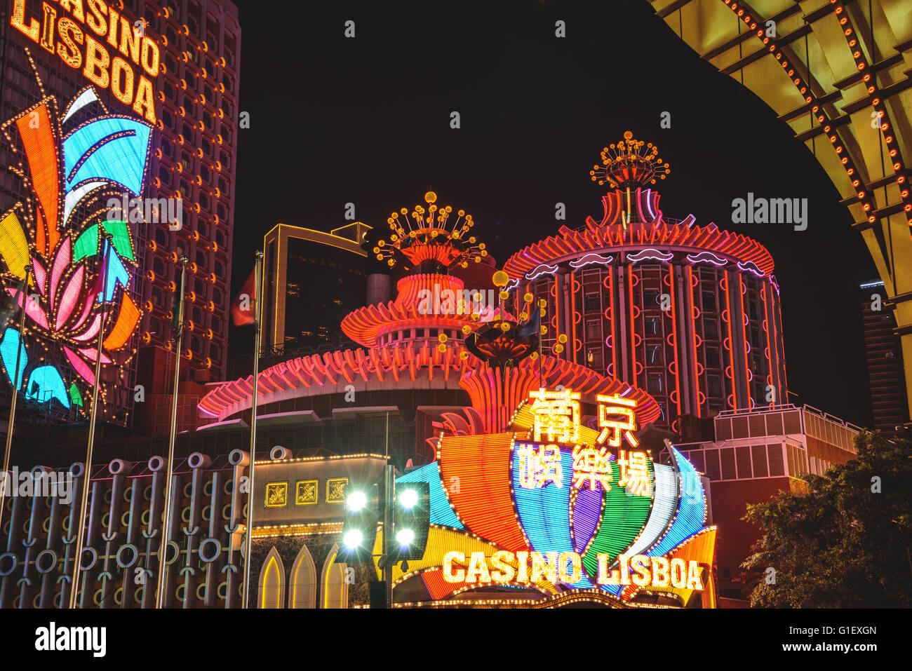 Casinos with neon lights in Macau Stock Photo