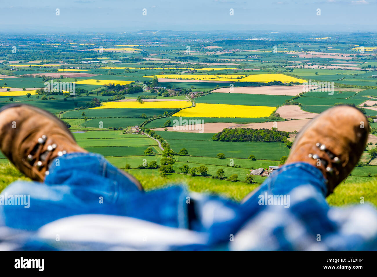 A view through feet from the top of the Wrekin in shropshire Stock Photo