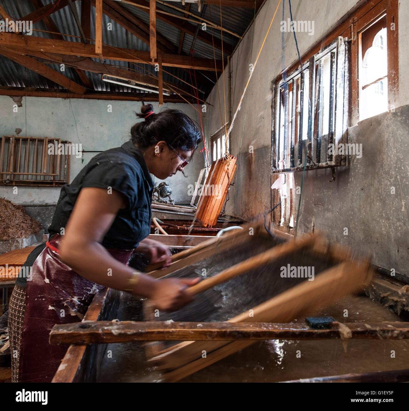 Woman working at paper making factory Thimpu (country capital) Bhutan Stock Photo