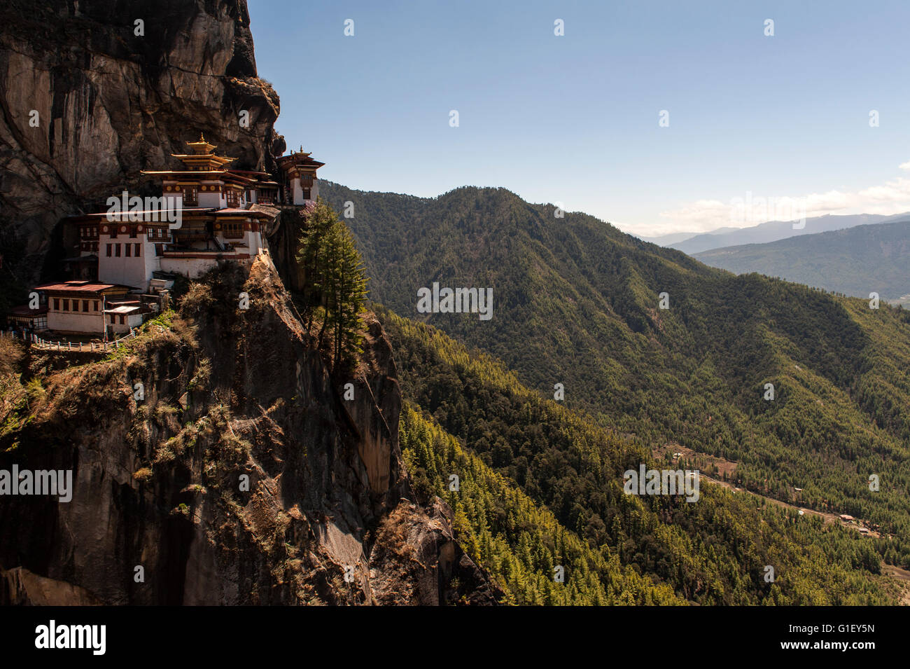 View of Taktsang or Tiger's Nest Monastery Paro Valley Bhutan Stock Photo