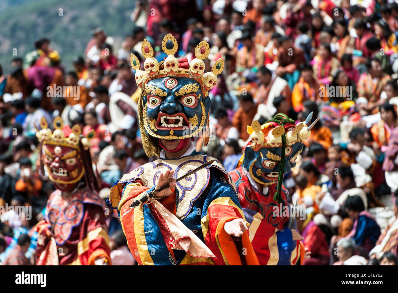 Dance of terrifying deities (Tungam) at Paro religious festival Bhutan Stock Photo