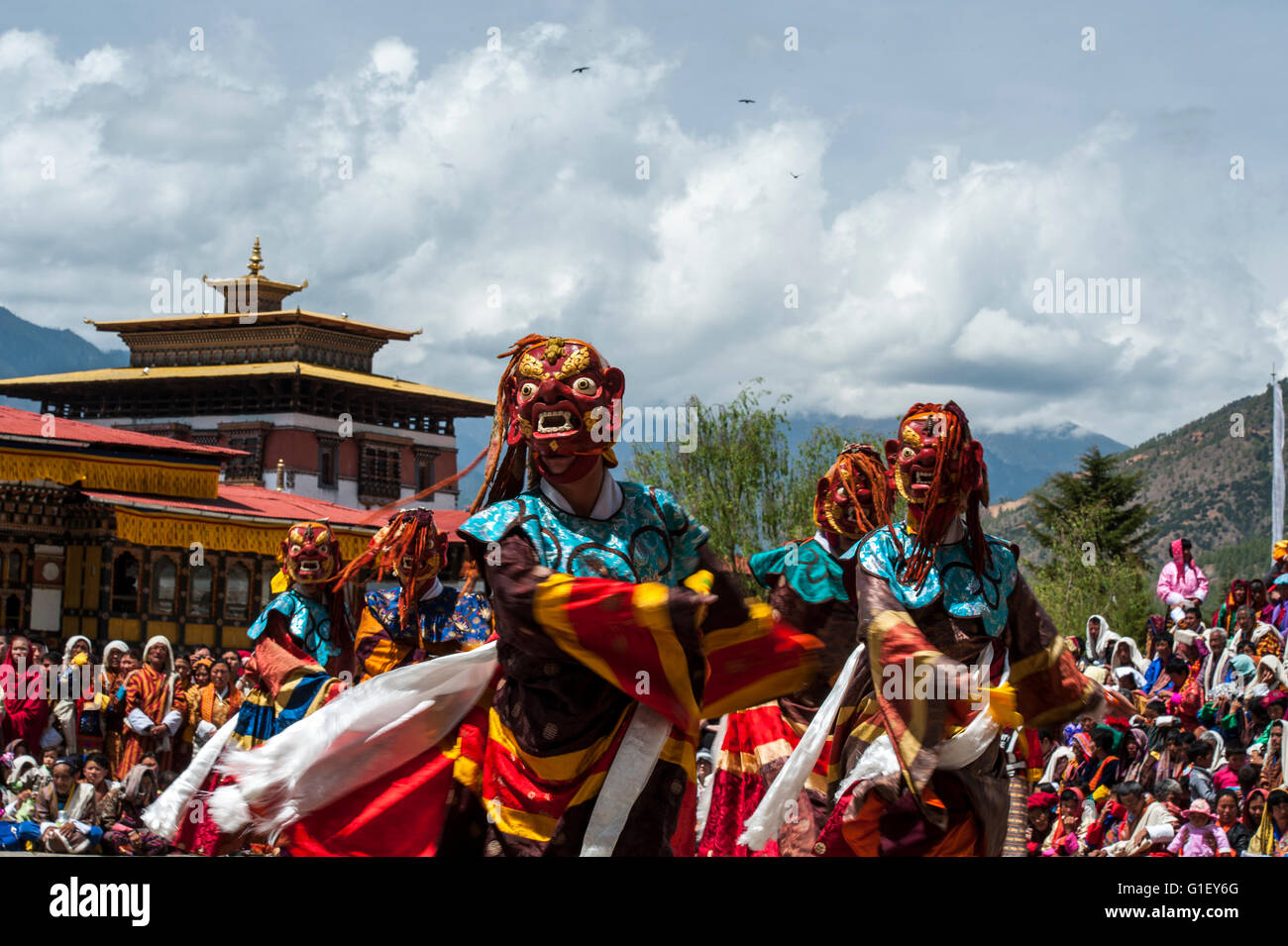 Dance of terrifying deities (Tungam) at Paro religious festival Bhutan Stock Photo
