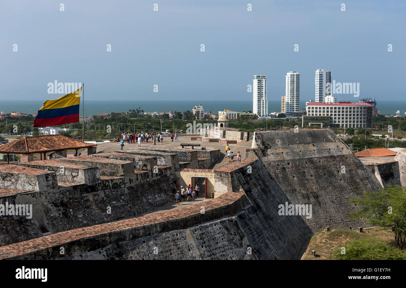 Castillo San Felipe de Barajas and Colombian flag Cartagena de Indias Colombia, South America Stock Photo