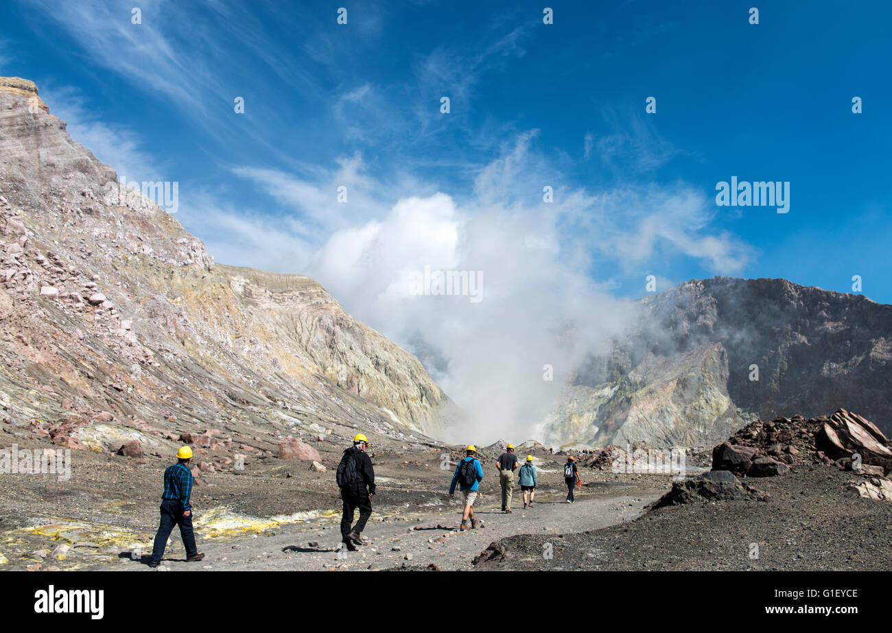 Tourists on land at active volcano Whakaari White Island New Zealand Stock Photo