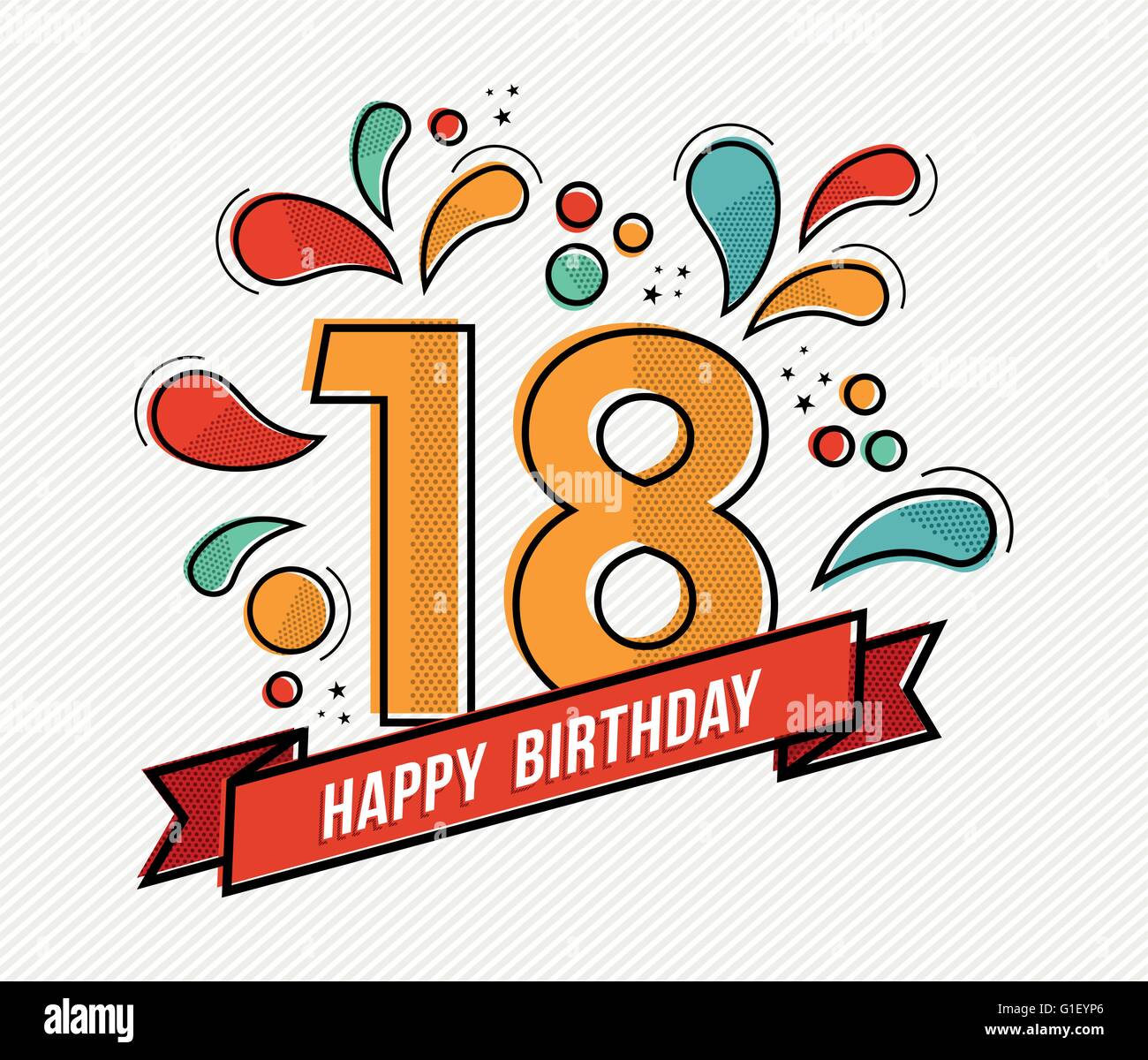 Happy birthday number 18, greeting card for eighteen year in modern flat line art with colorful geometric shapes. Stock Vector