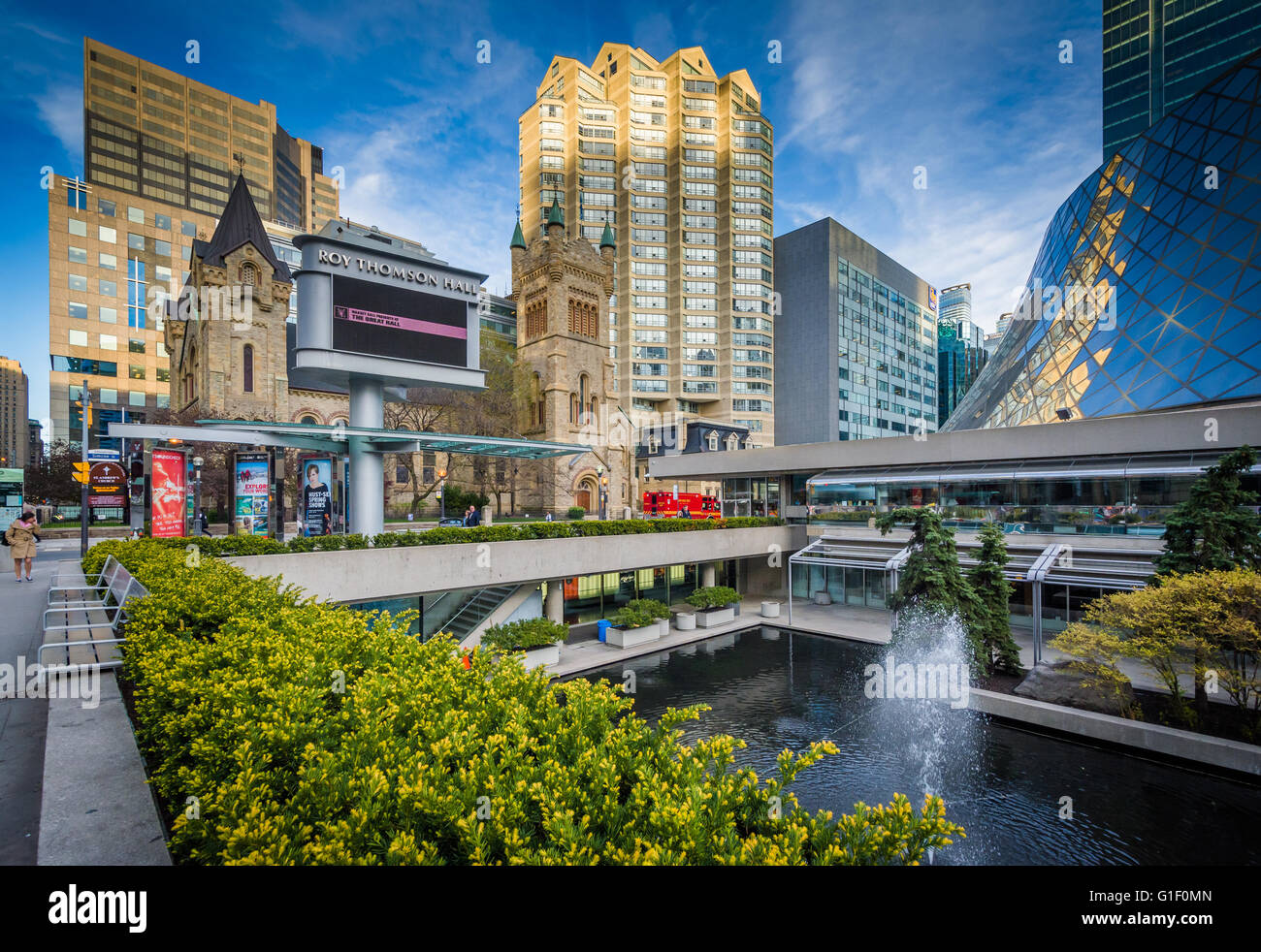 Fountains and modern buildings at David Pecaut Square, in downtown Toronto, Ontario Stock Photo