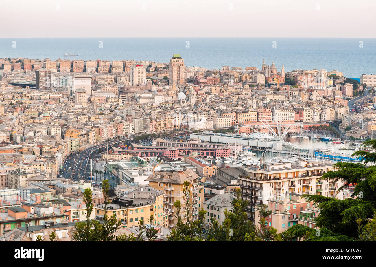 Panoramic view of the city center of Genoa after the sunset Stock Photo