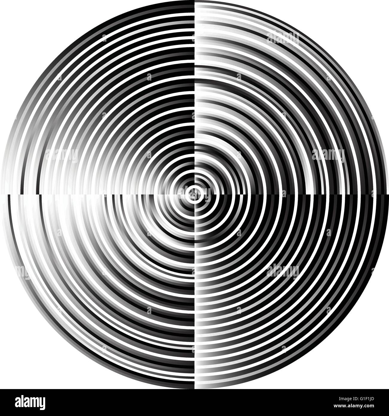 Abstract radial, concentric circles, rings. Monochrome visual element ...