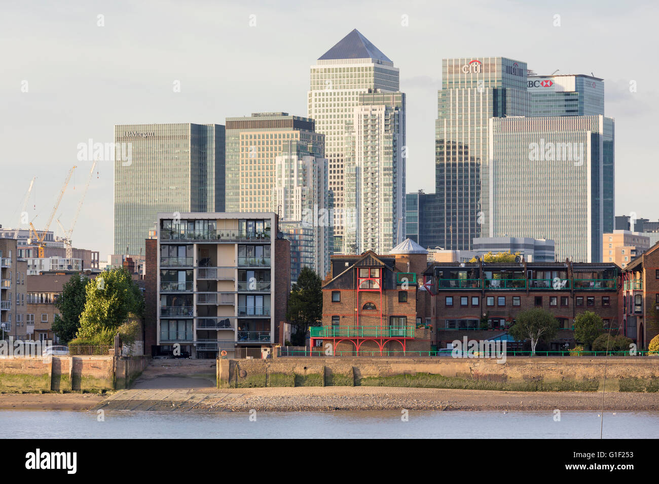 Skyline of Canary Wharf with the landmark corporate office buildings ...