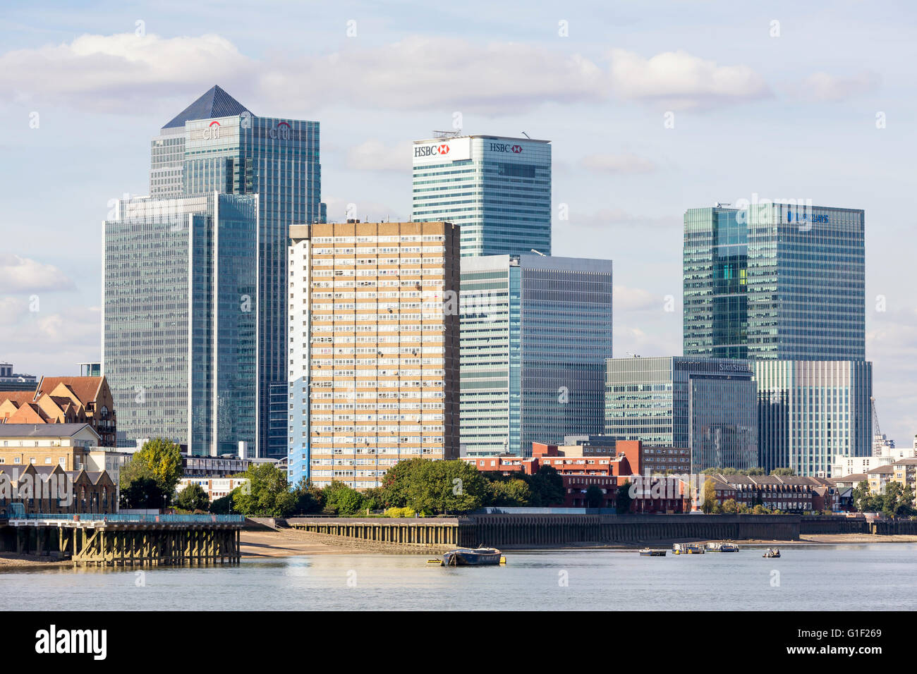 Skyline of Canary Wharf with the landmark corporate office buildings ...