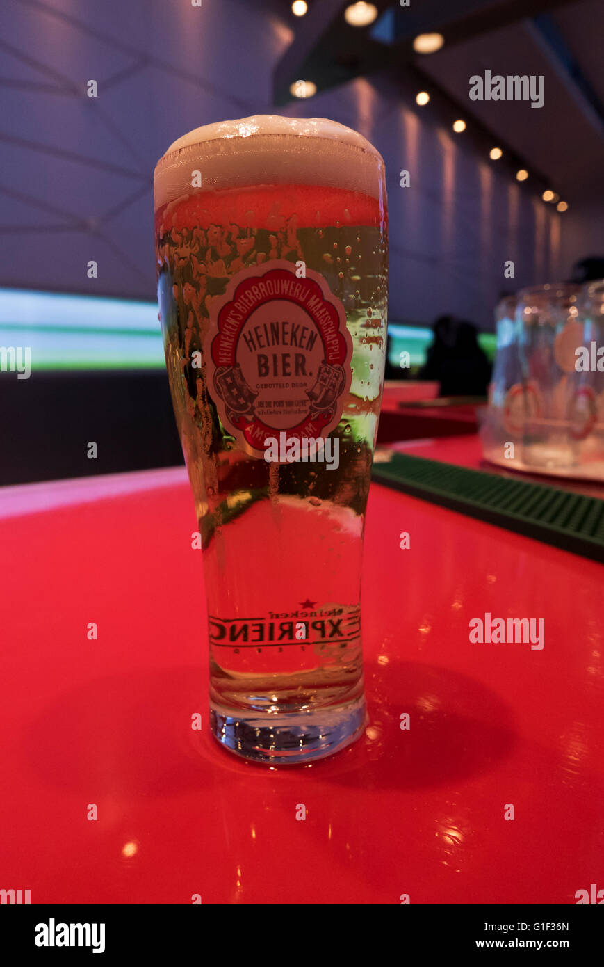 A fresh pint of Heineken beer with a rich froth, Amsterdam, Holland, Netherlands. Stock Photo