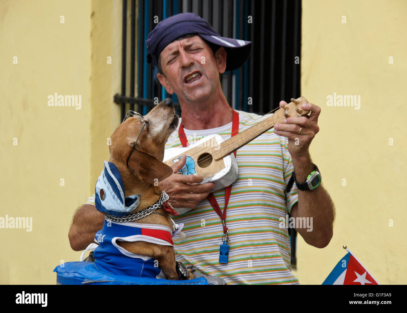 Street performer and his singing dog, Habana Vieja (Old Havana), Cuba Stock Photo
