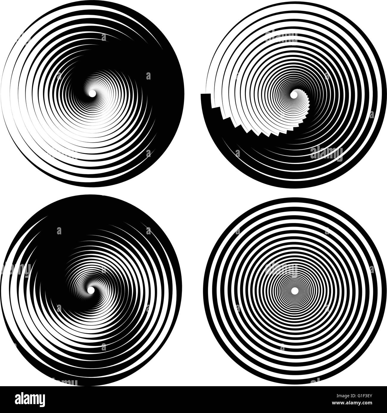 Various abstract spiral, vortex effects. Spiral, vortex effect with concentric shapes blended