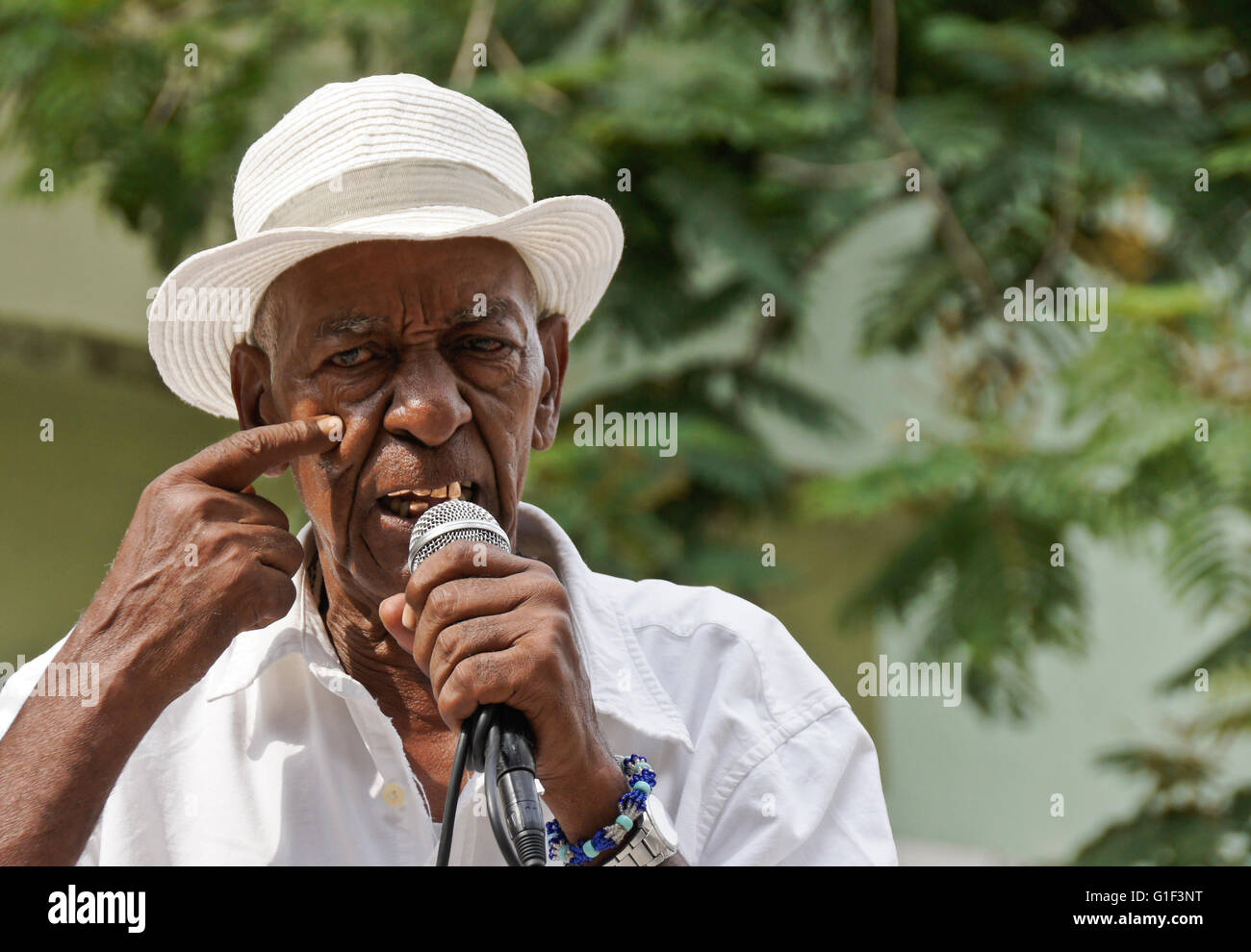 Old man singing at El Gran Palenque, Vedado, Havana, Cuba Stock Photo