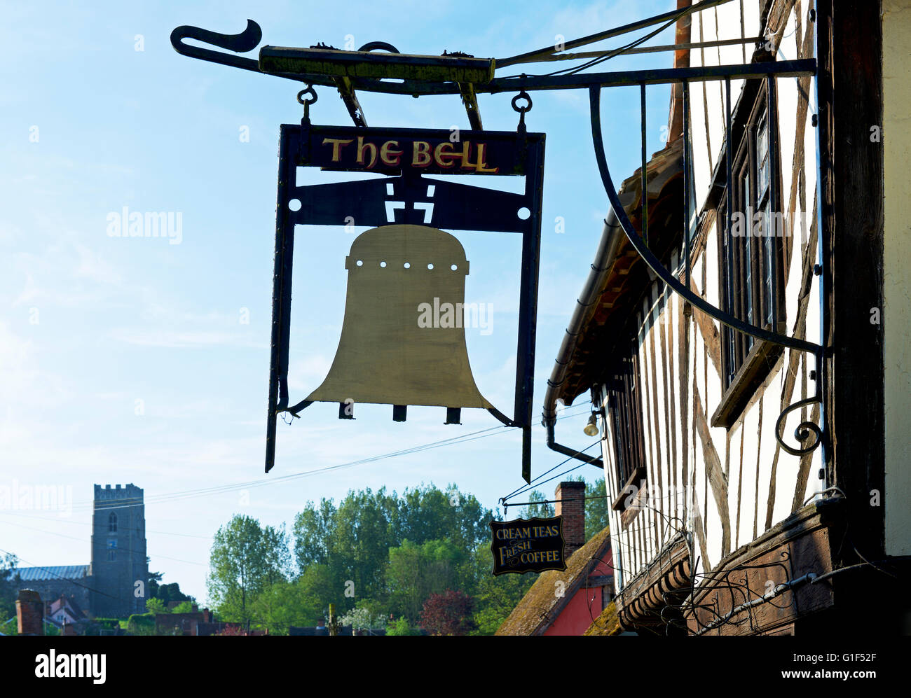 Sign for the Bell pub in the village of Kersey, Suffolk, England UK Stock Photo
