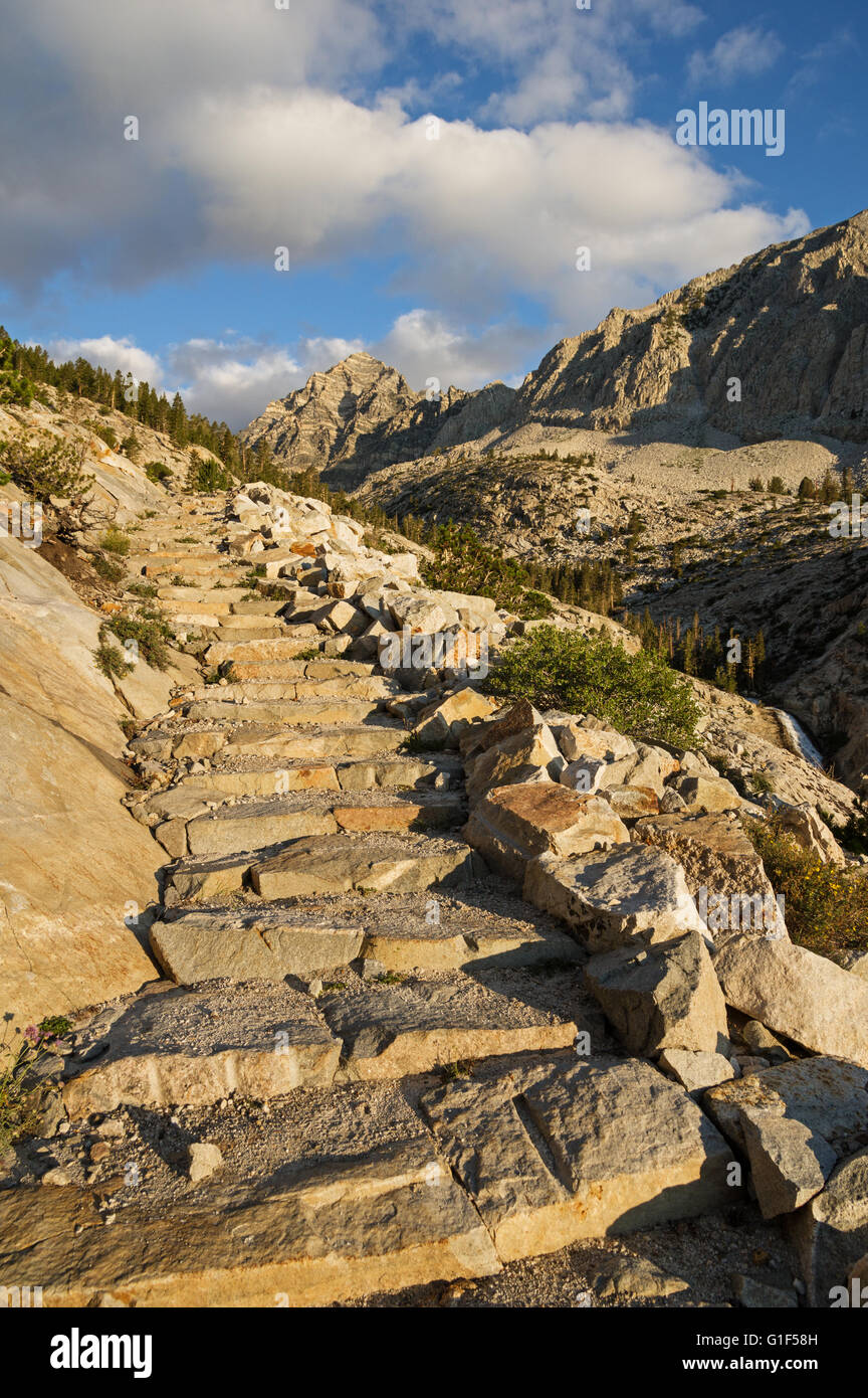 stone steps going up the trail to Pine Creek Pass in the Sierra Nevada Mountains of California Stock Photo