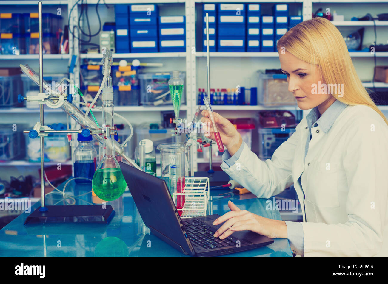 MODEL RELEASED. Female chemist working on a laptop in the laboratory. Stock Photo