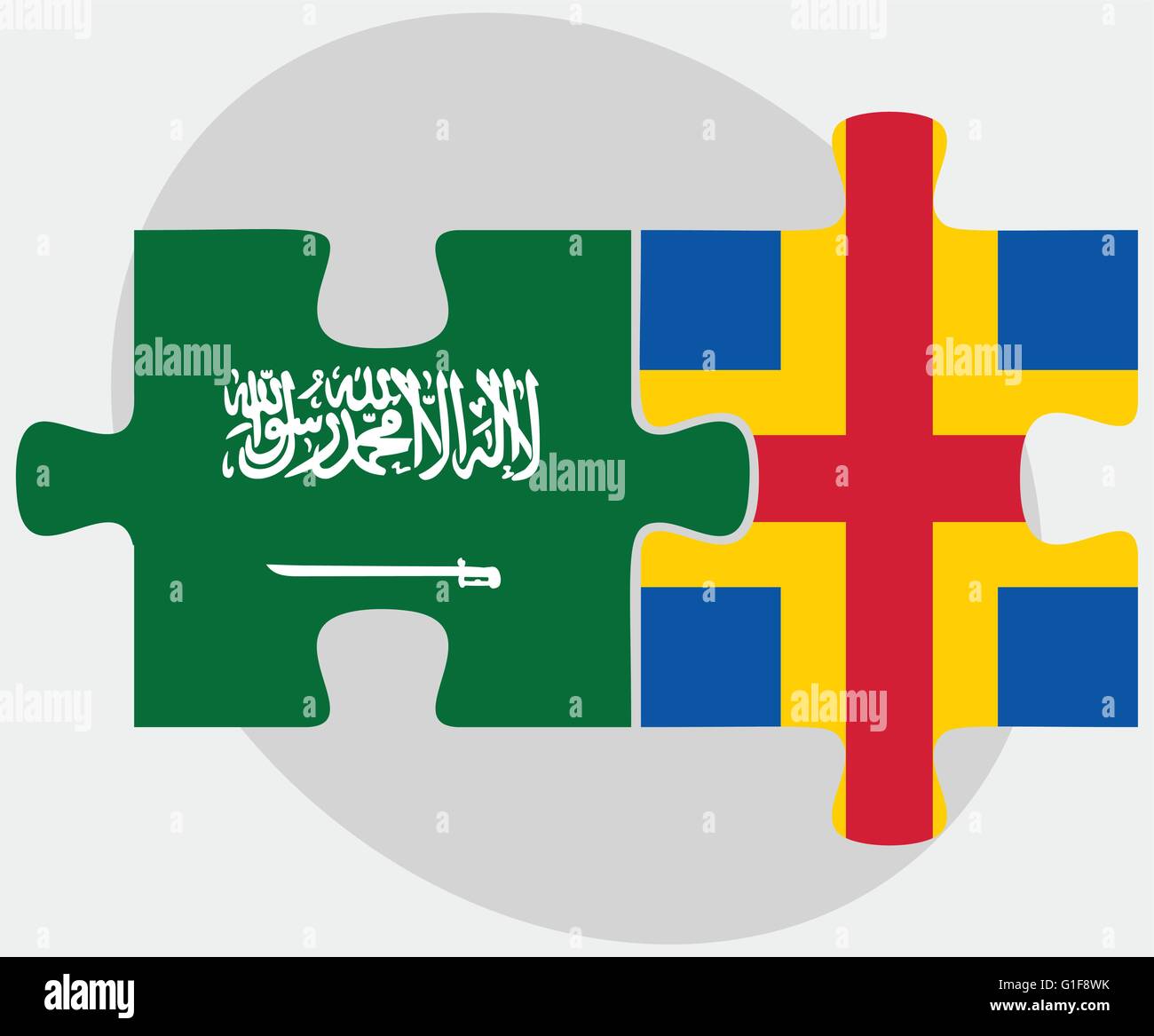 Saudi Arabia and Aaland Islands Flags in puzzle isolated on white background Stock Vector