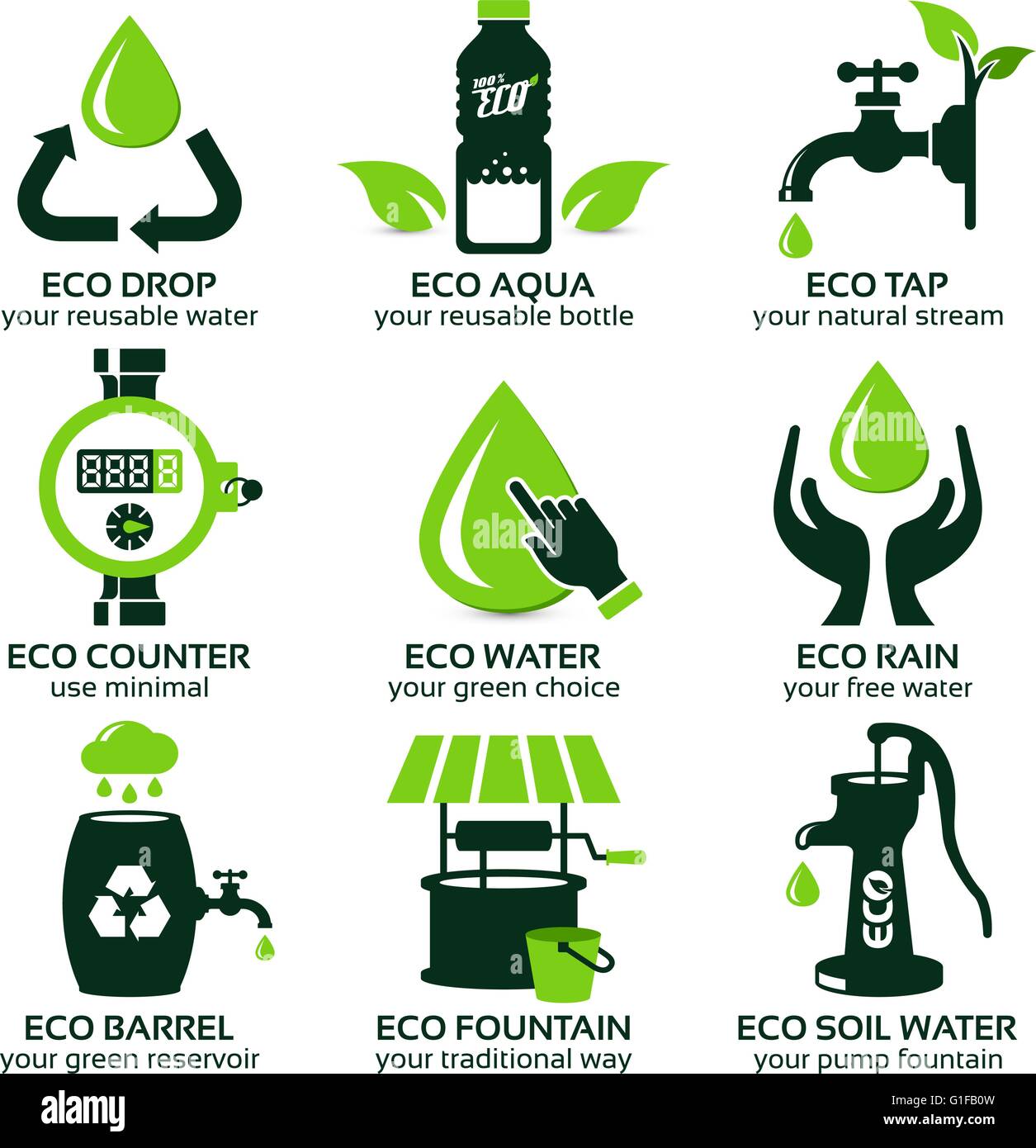 flat icon set for green eco water, the drop shadow contains transparencies, eps10 Stock Vector