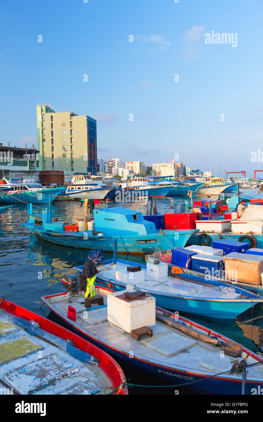 Fishing boats in harbour, Male, North Male Atoll, Maldives Stock Photo
