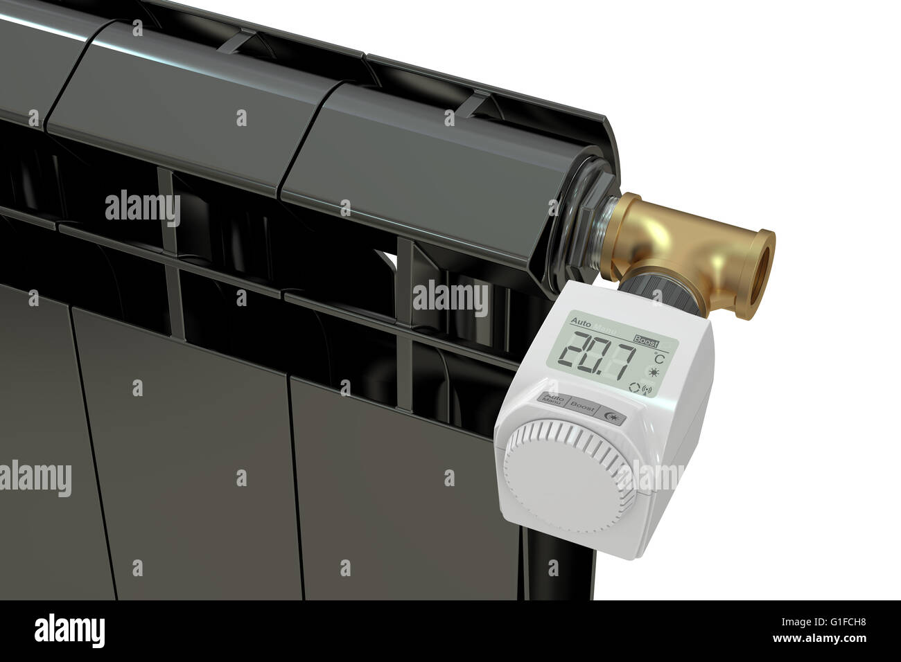 heating radiator with digital radiator thermostatic valve, 3D rendering Stock Photo