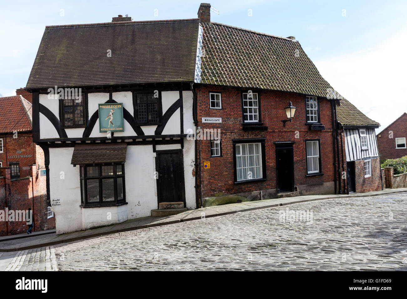 The Harlequin, Late medieval timber framed house in Michaelgate, Lincoln Stock Photo