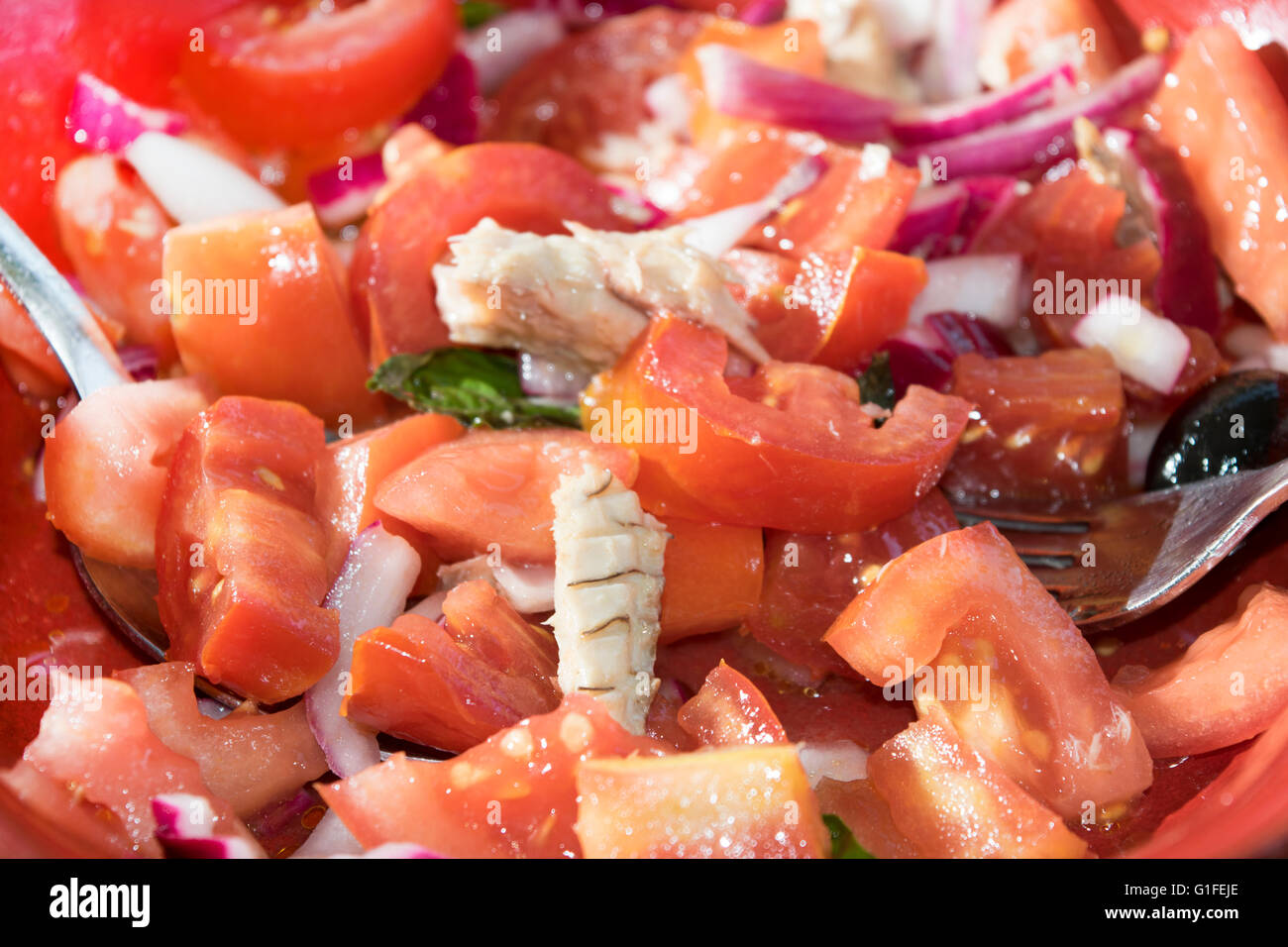 summer plate made with chopped tomatoes , tuna fillet and tropea onions Stock Photo