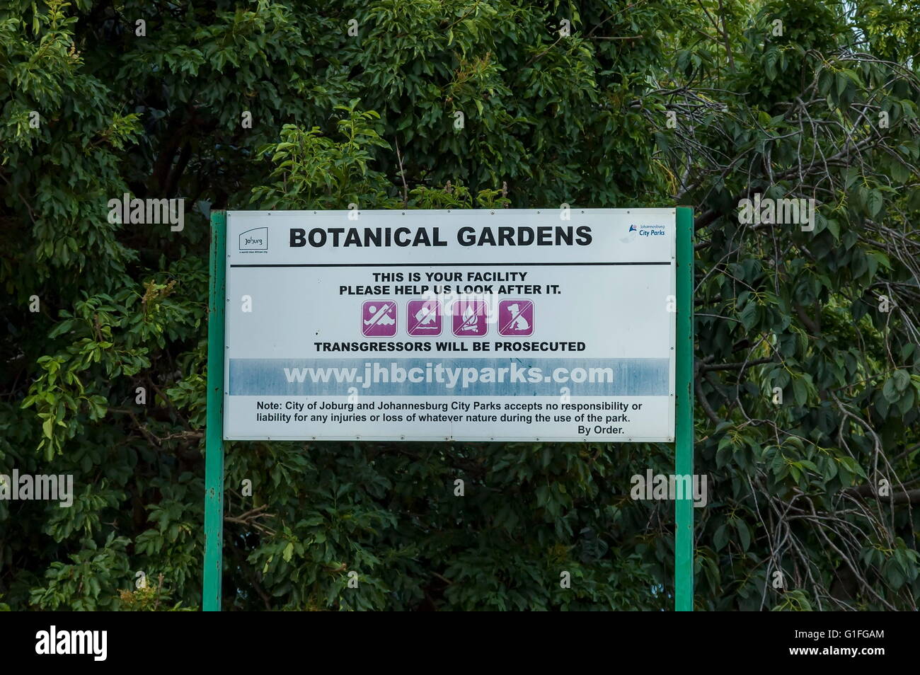 Name-plate for Botanical Garden in Johannesburg, South Africa Stock Photo