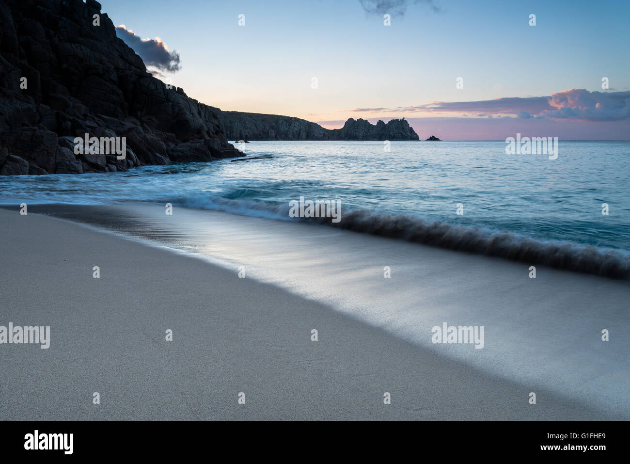 Dawn at Porthcurno beach, Cornwall Stock Photo