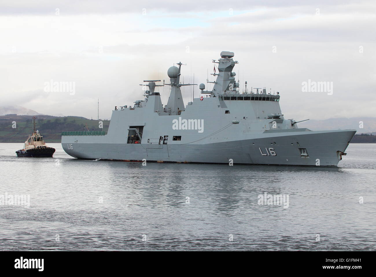 KDM Absalon (L16), an Absalon-class command and support vessel of the Danish Navy, arrives for Exercise Joint Warrior 16-1. Stock Photo