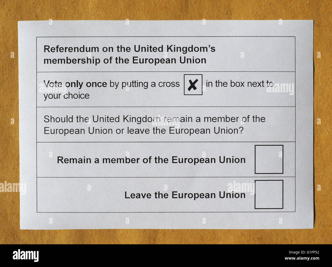 Actual Ballot Paper For June 23 Referendum Should The United Kingdom Remain A Member Of The European Union Or Leave The Europea Stock Photo Alamy