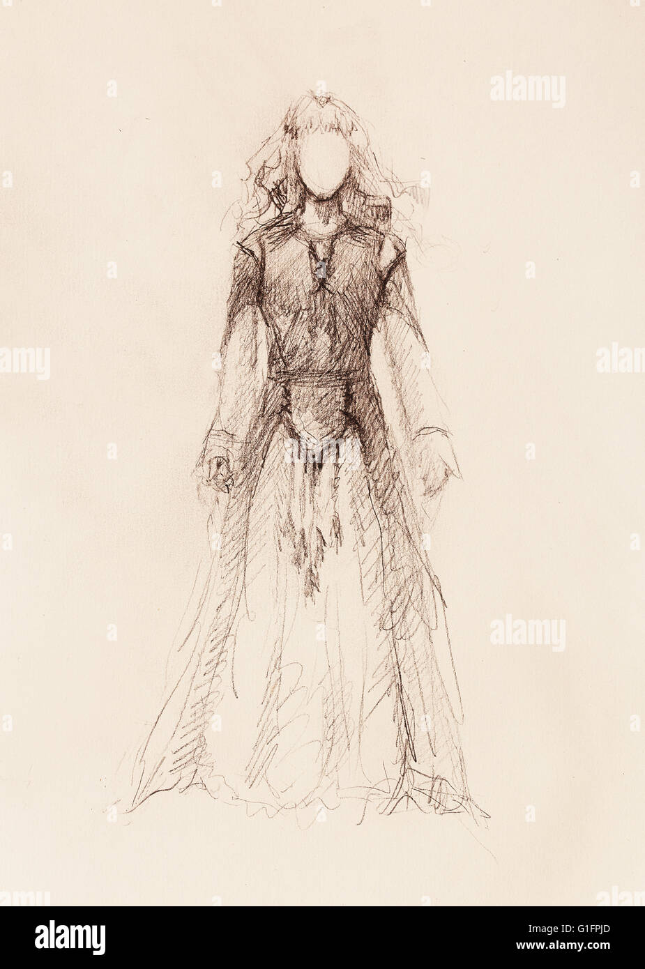 woman drawing in ornamental dress, pencil sketch on paper, sepia and vintage effect. Stock Photo