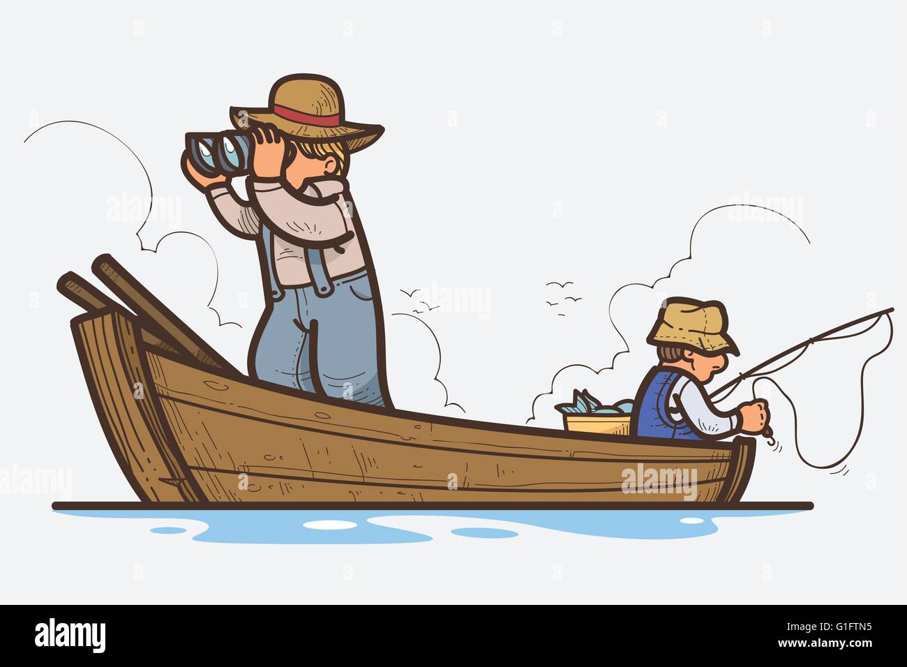 Vector illustration of two man fishing in boat Stock Vector