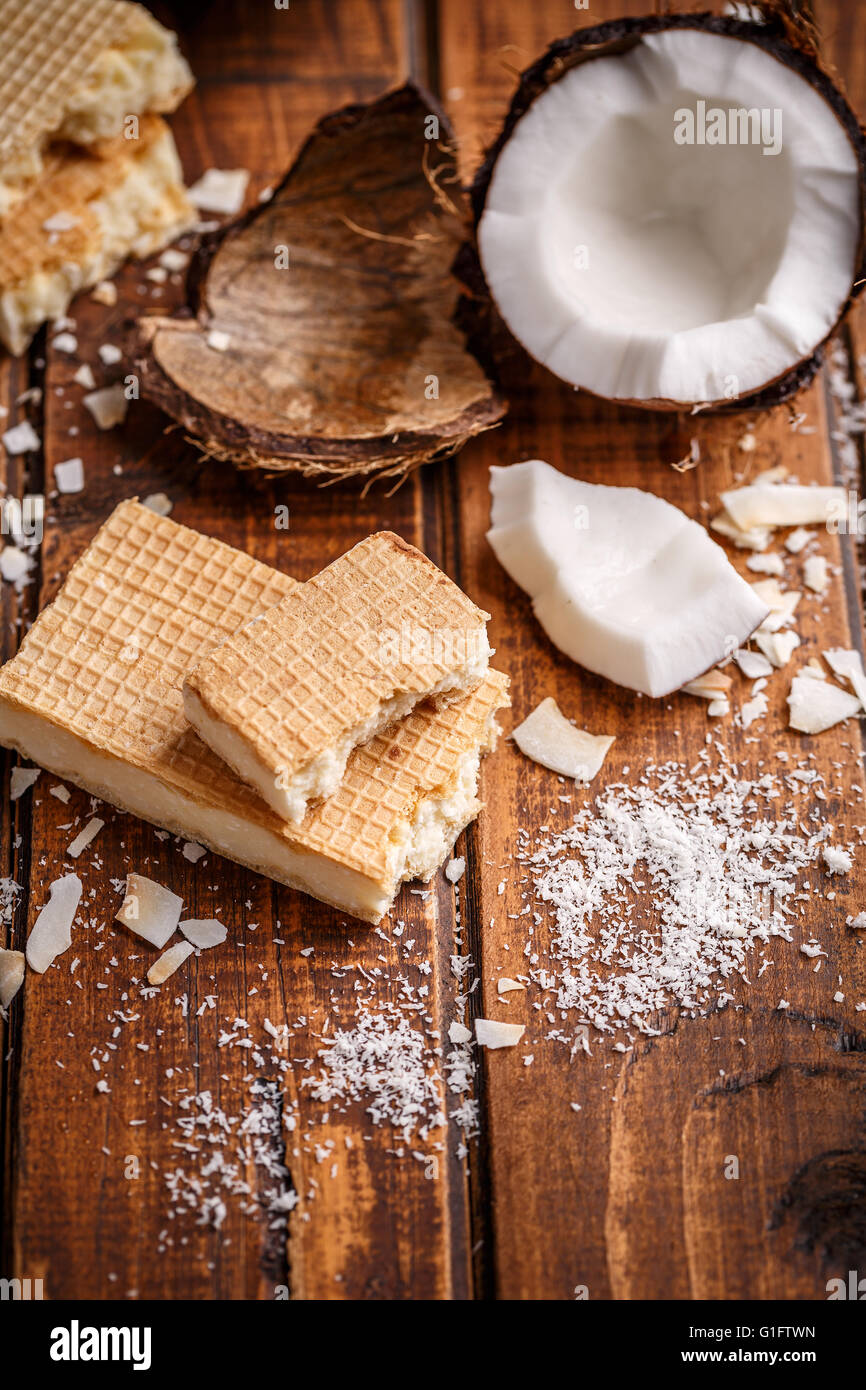 Wafer bars made with white chocolate and coconut filing Stock Photo