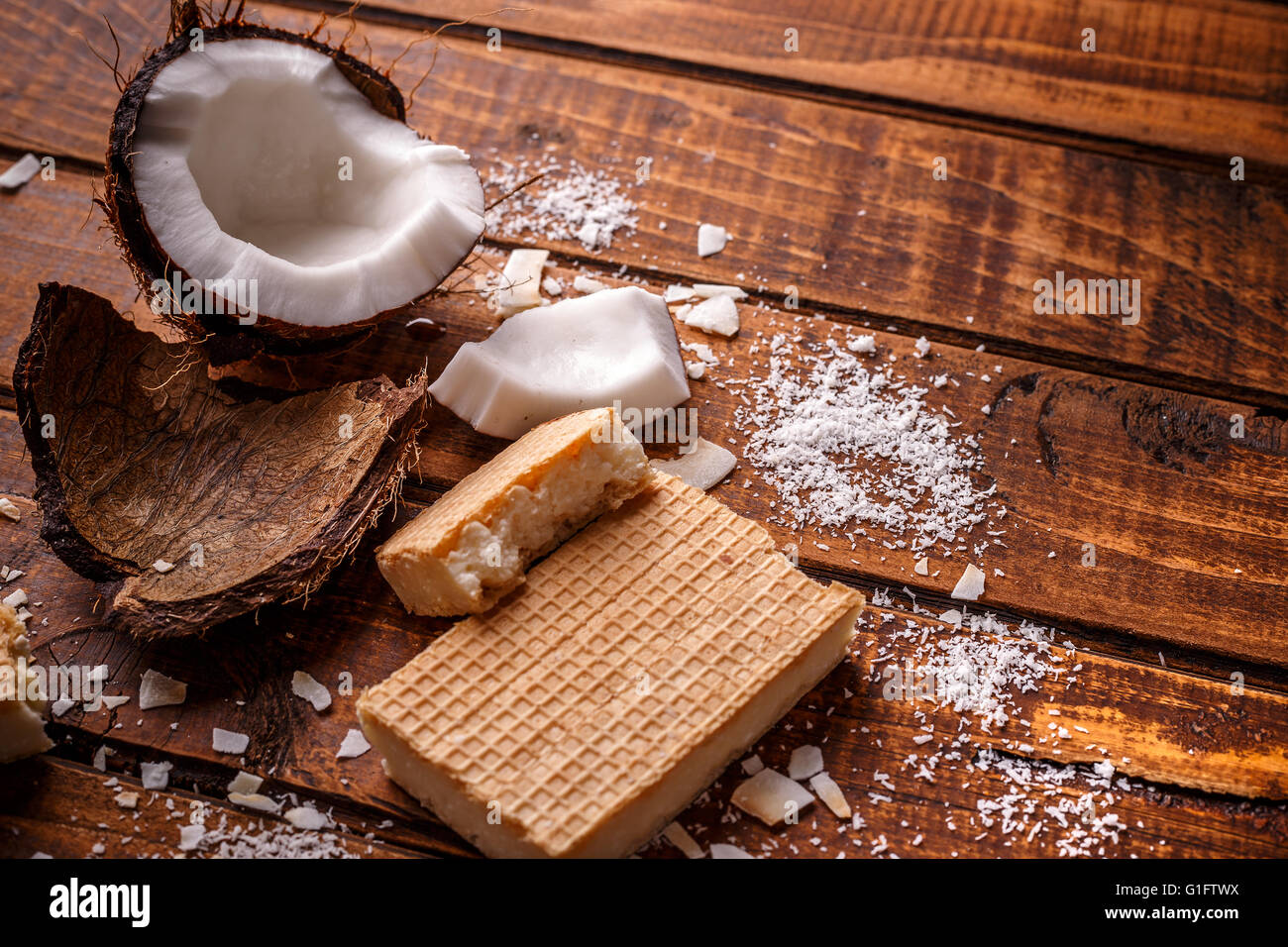 Homemade chocolate wafers on wooden background Stock Photo