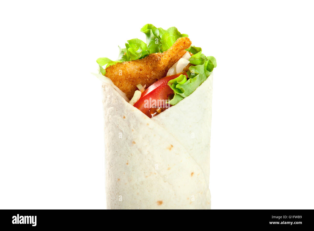 Tortilla with meat and vegetables isolated on white background Stock Photo