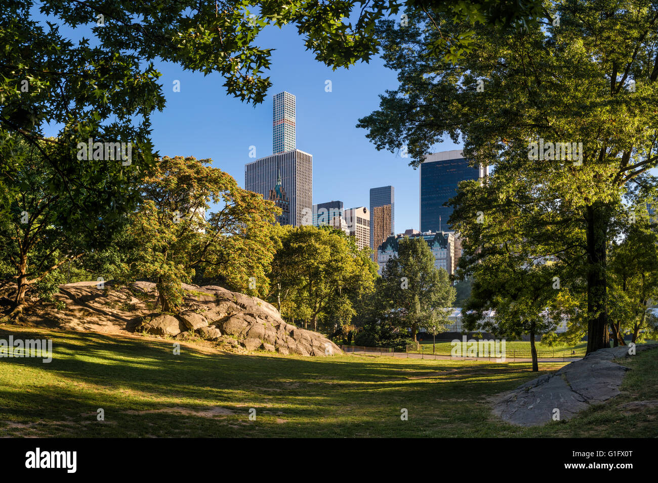 Summer in Central Park with Manhattan Midtown skyscrapers, New York City Stock Photo