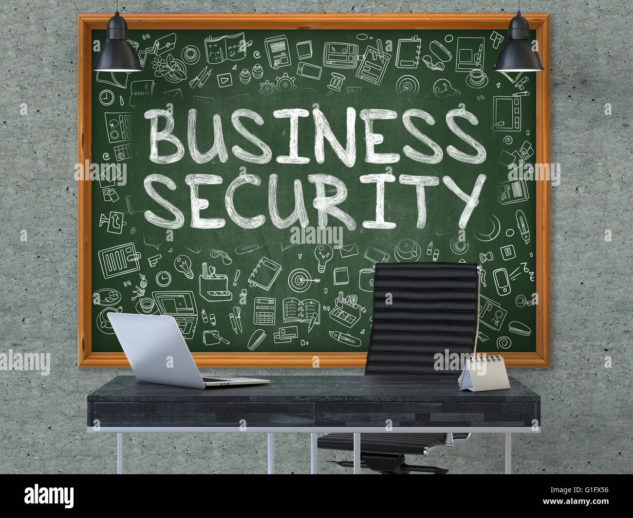 Business Security on Chalkboard with Doodle Icons. Stock Photo
