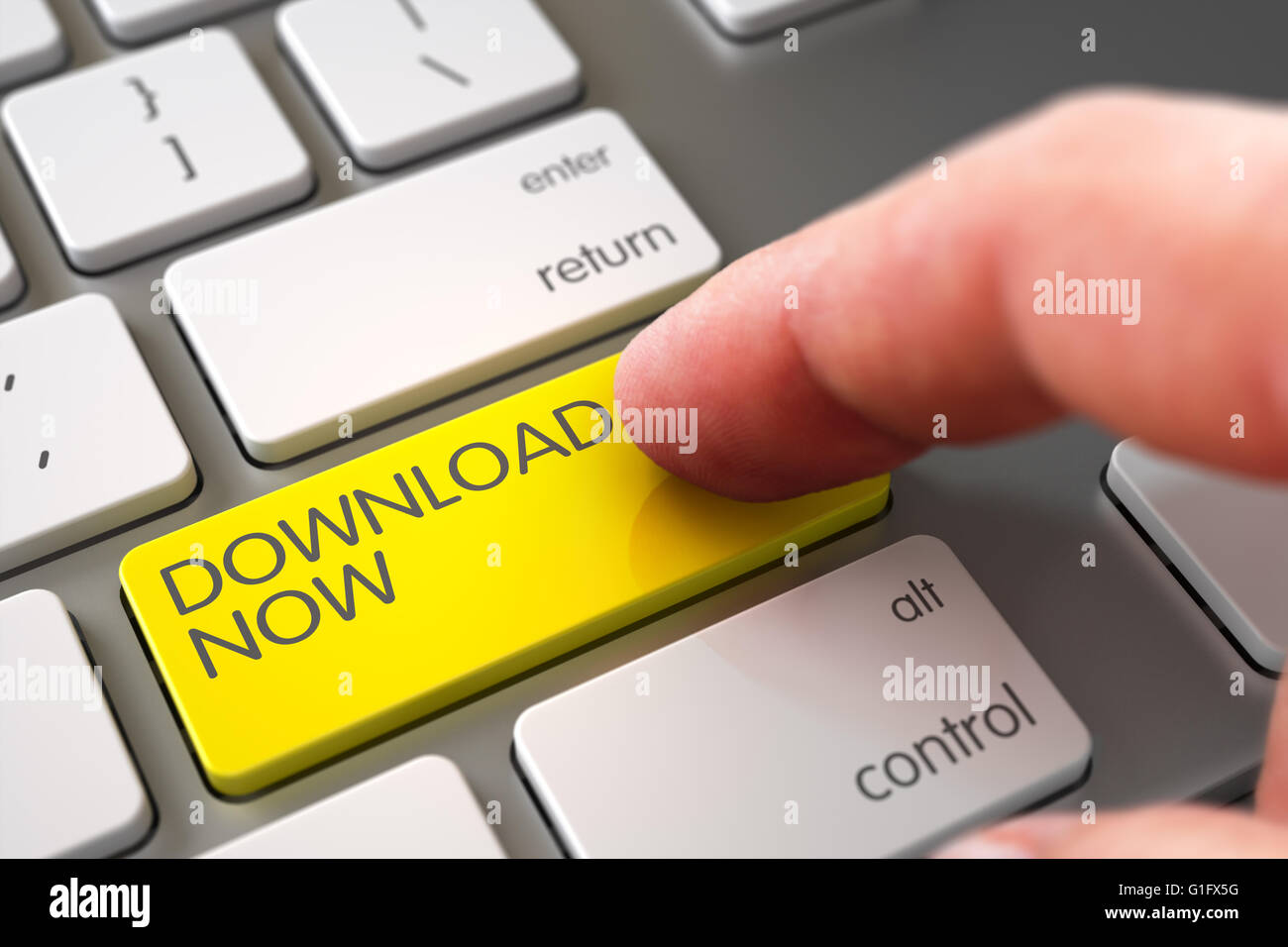 Hand Finger Press Download Now Key. Stock Photo